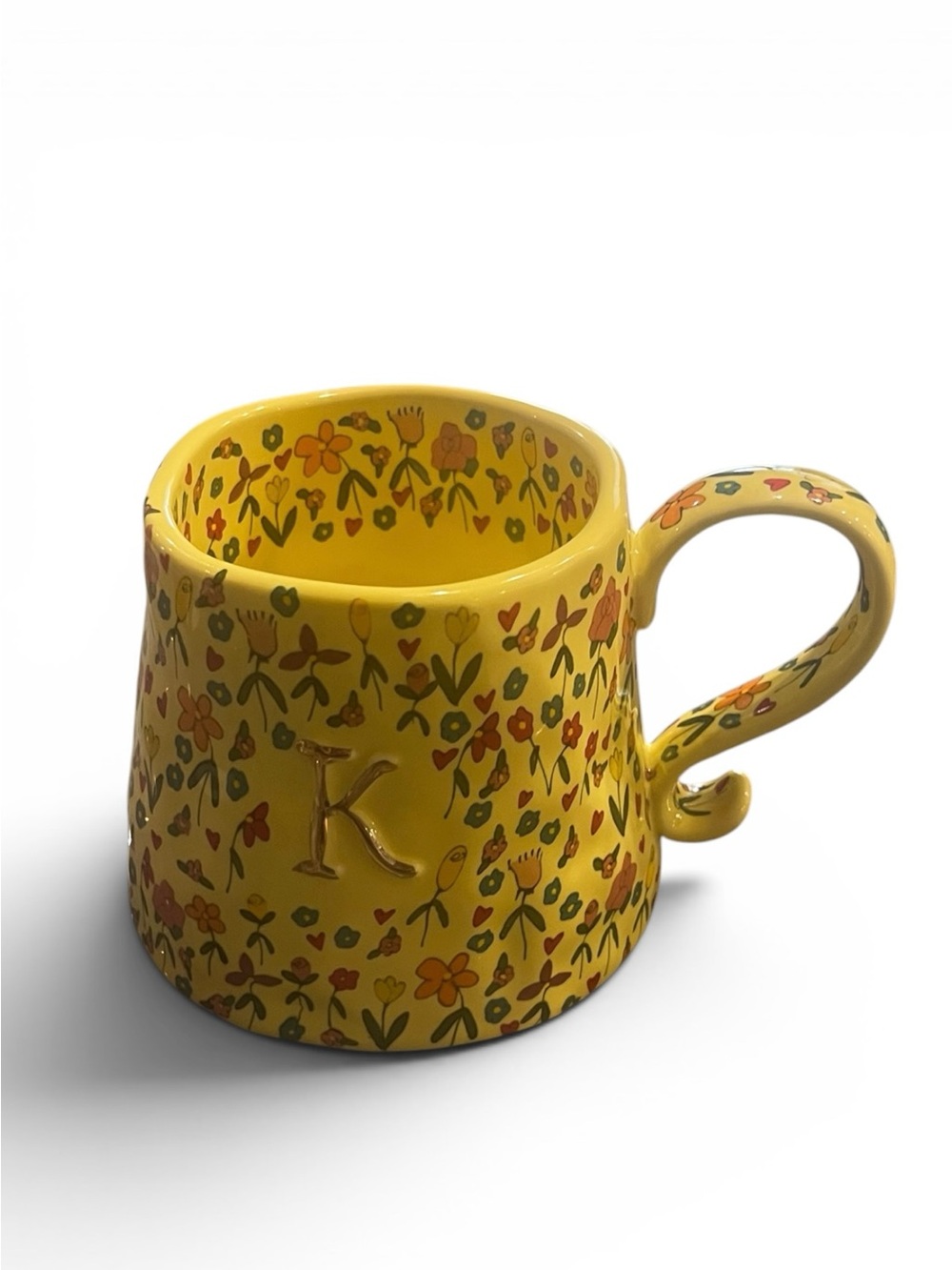 Anthropologie The Mud Factory Floral Yellow Monogram Mug Letter K